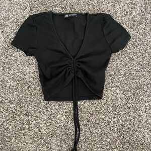 Zara ribbed cinch front black short sleeve top